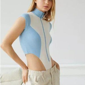 Blue & white zip-up thong body suit